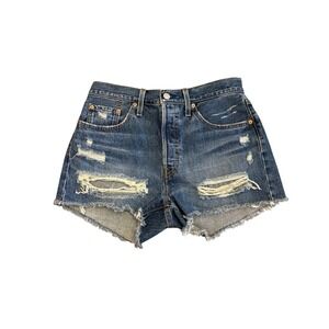 Levi's 501 Original Denim Shorts Womens 28 Distressed 2.5" Button Fly Dark Wash